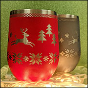 engrave cups with reindeer, trees, and snowflakes