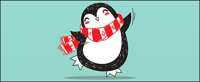 cartoon penguin wearing a striped scarf
